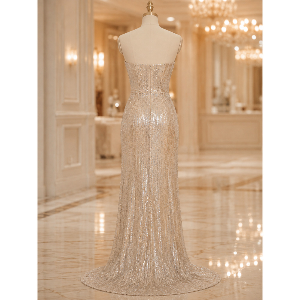 Betsy & Adam Size 12 Champagne Beaded Sequin Strapless Formal Prom Gown NWT - Picture 3 of 8